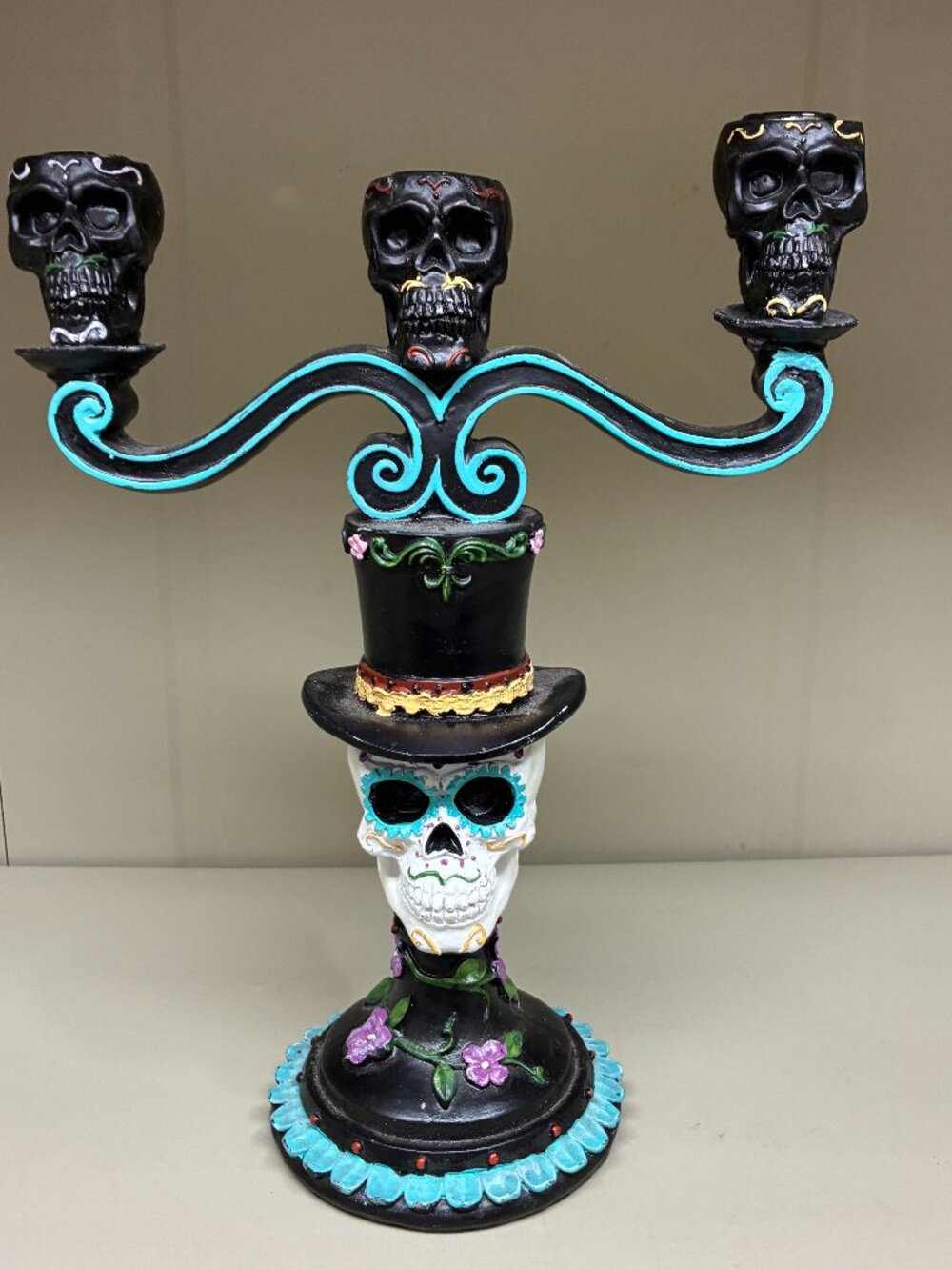 Halloween Sugar Skull 3 Tier Candelabra Dia De Los Muertos Ofrenda Candle Stand